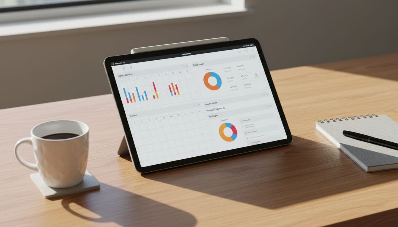 Digital planner open on iPad showing habit tracker and budget page layouts on a wooden desk with coffee mug and notebook, natural daylight, realistic photo style.