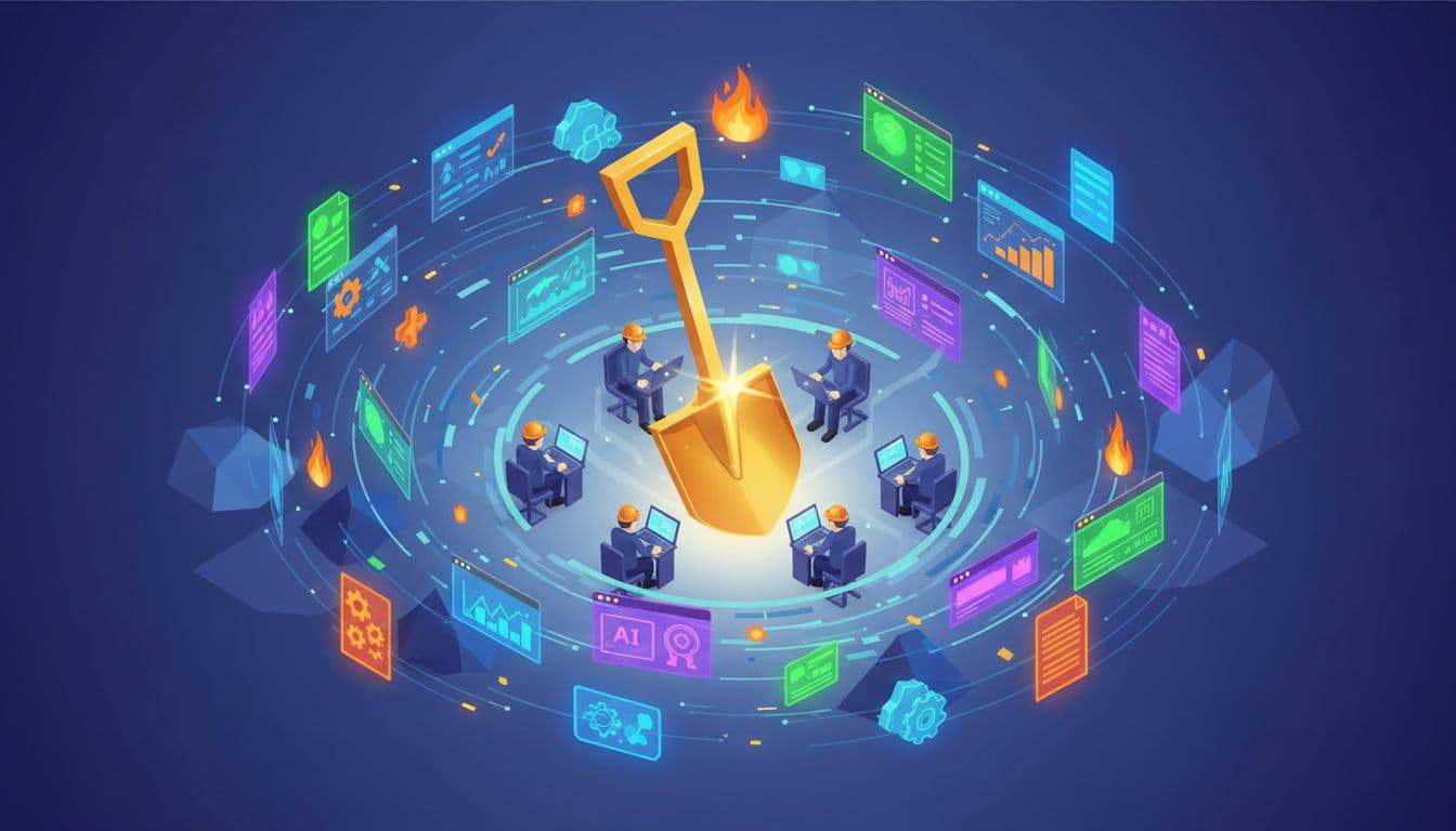 Vibrant isometric illustration of digital tools like software dashboards, AI prompts, and templates floating around a central gold shovel in a gold rush scene with miners using laptops, no text or people.