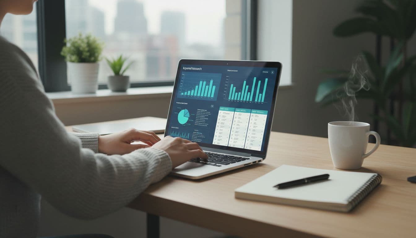 A focused modern workspace desk features a laptop displaying a keyword research dashboard with charts and word lists, a notebook with pen, coffee mug, natural daylight from a window, and one person with hands on the keyboard.