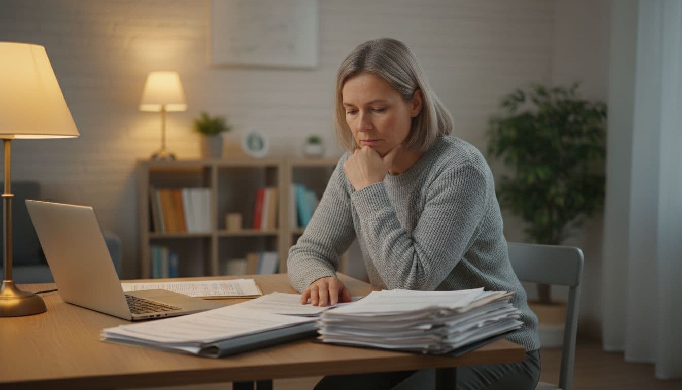 A middle-aged person at a home desk with open laptop and papers, thoughtfully reviewing MLM documents with hand on chin in warm lamp light.