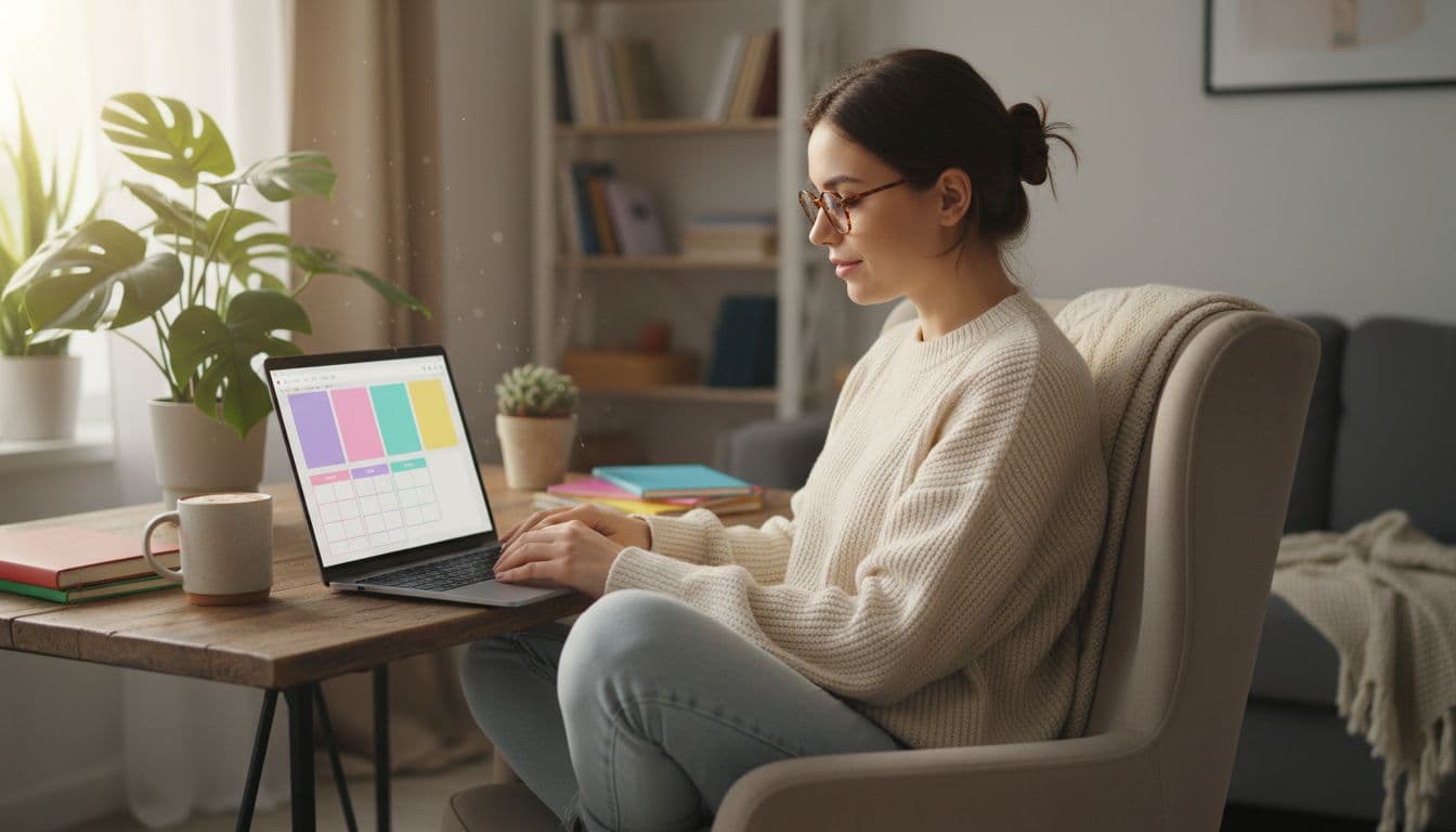 Young millennial woman in casual clothes at cozy home desk using laptop to design colorful digital planner in Canva, with blurred screen details, plants, coffee, and soft natural light.