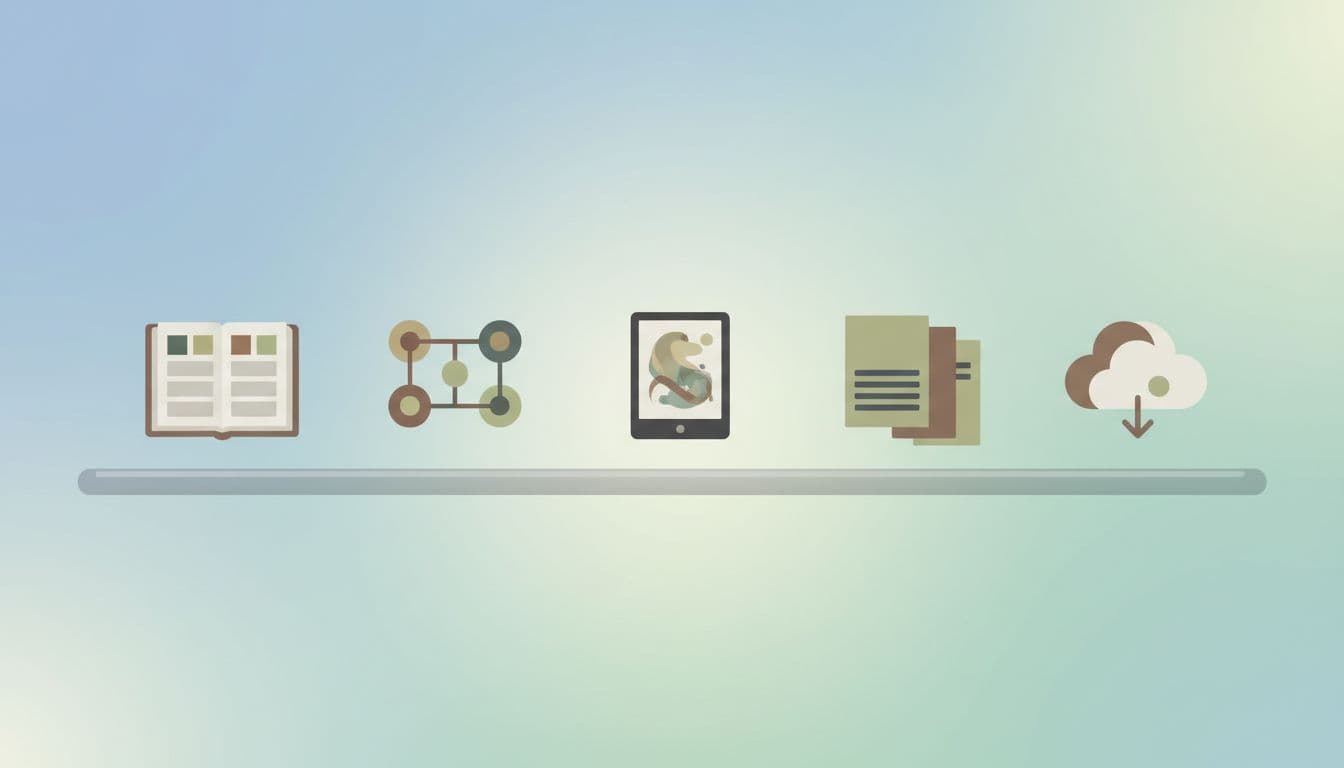 Digital products like planners, templates, and ebooks arranged on a virtual shelf in a clean minimalist interface with soft glowing backgrounds and modern flat design.