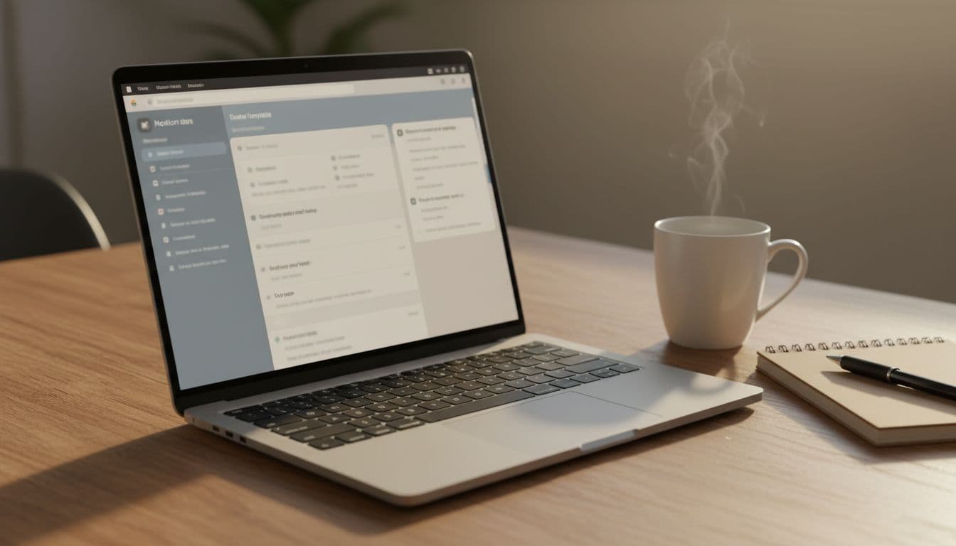 Laptop screen angled to show a Notion template dashboard, placed on a wooden table with a coffee mug and notebook beside it, in warm morning light and minimalist style. Exactly one laptop, no people, screen slightly blurred with no readable text.