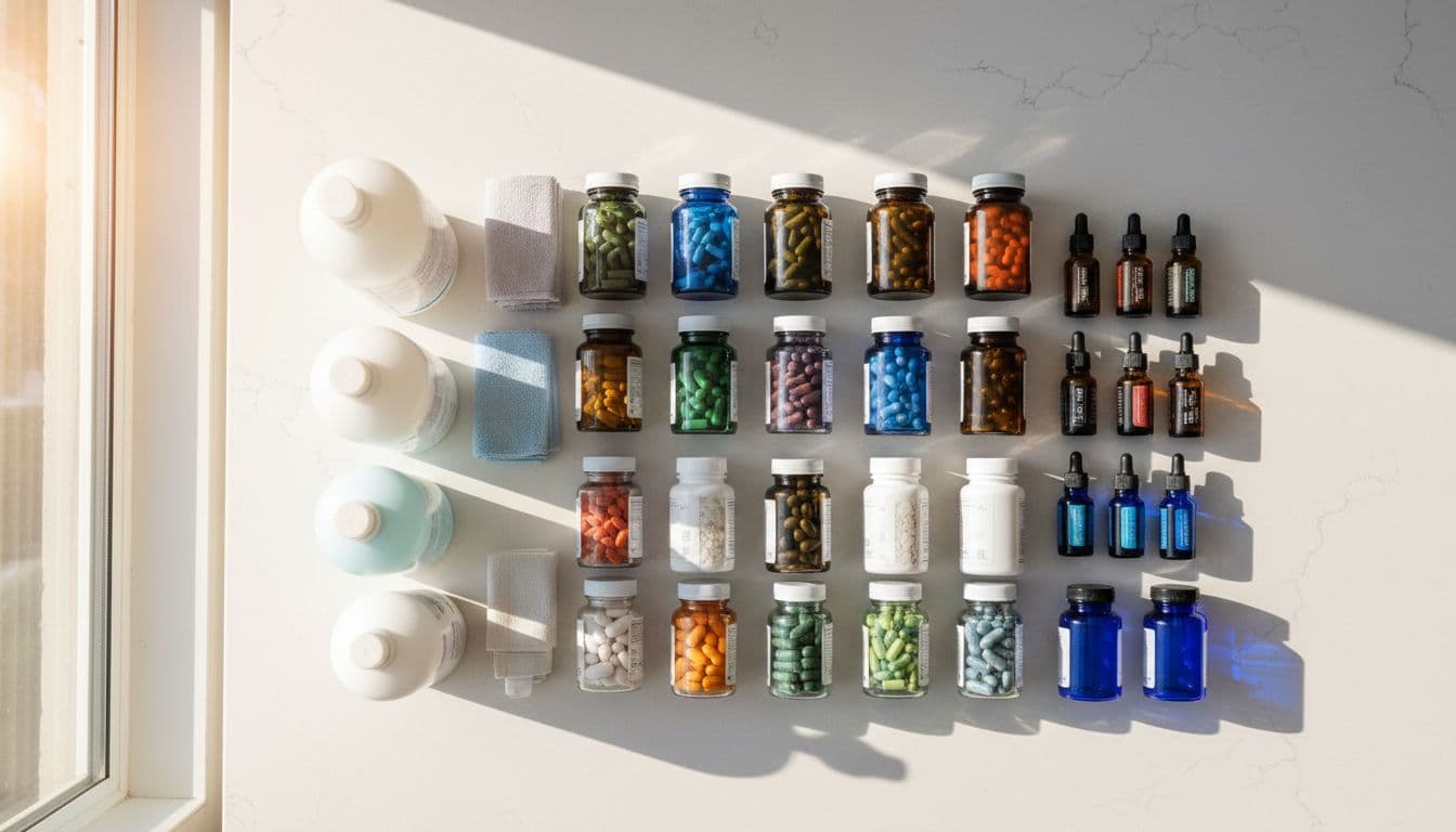 Top-view photorealistic composition of supplement bottles, essential oil vials, and cleaning supplies from wellness and home care MLM lines, neatly arranged on a kitchen counter with bright natural daylight, no people, text, labels, or logos.