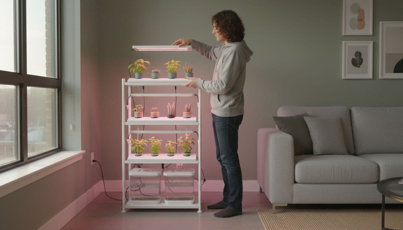 Modern apartment living room corner with compact indoor garden featuring hydroponic system, LED grow lights above shelves of basil, mint, and succulents. A young adult in casual clothes gently adjusts a grow light, with cozy natural window light.