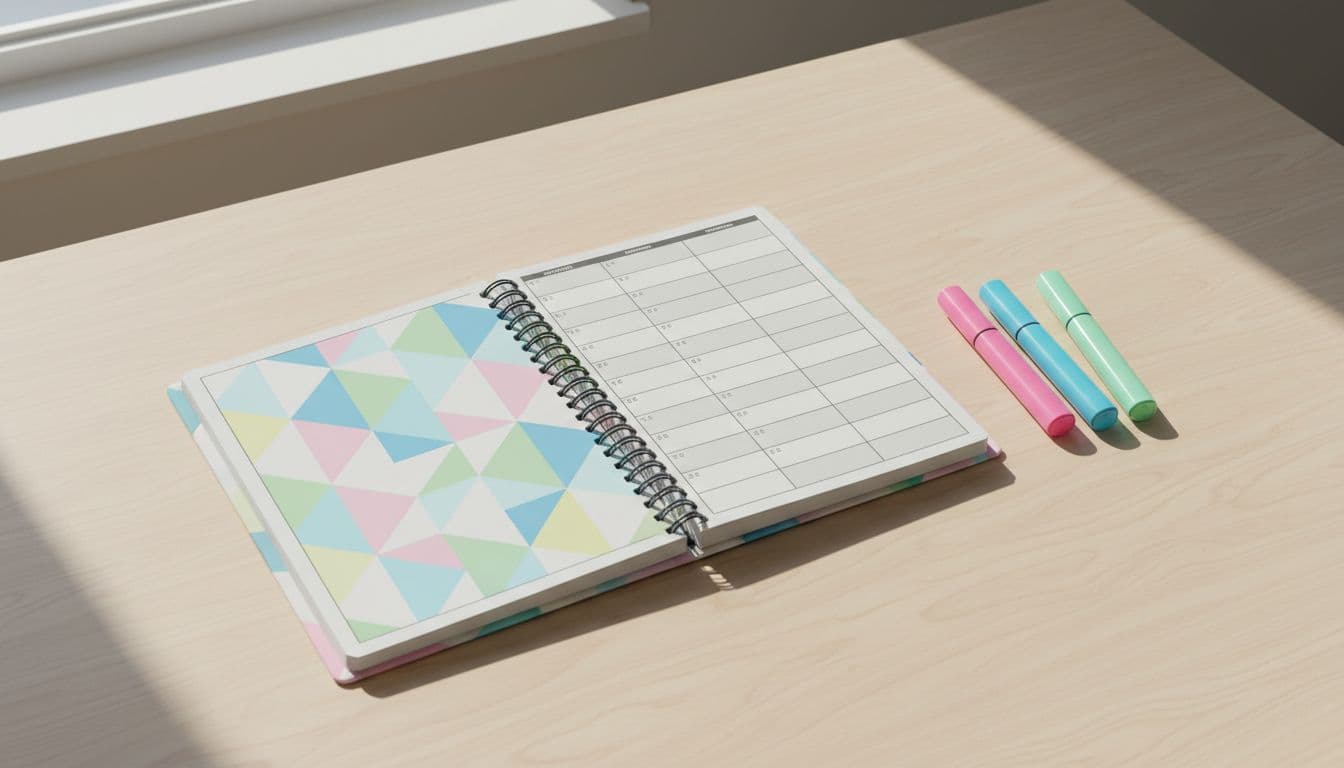 A clean desk displays an open printed budget planner with colorful highlighters nearby, bathed in soft natural window light. The simple, realistic composition focuses solely on the planner with no people, visible text, or extra objects.