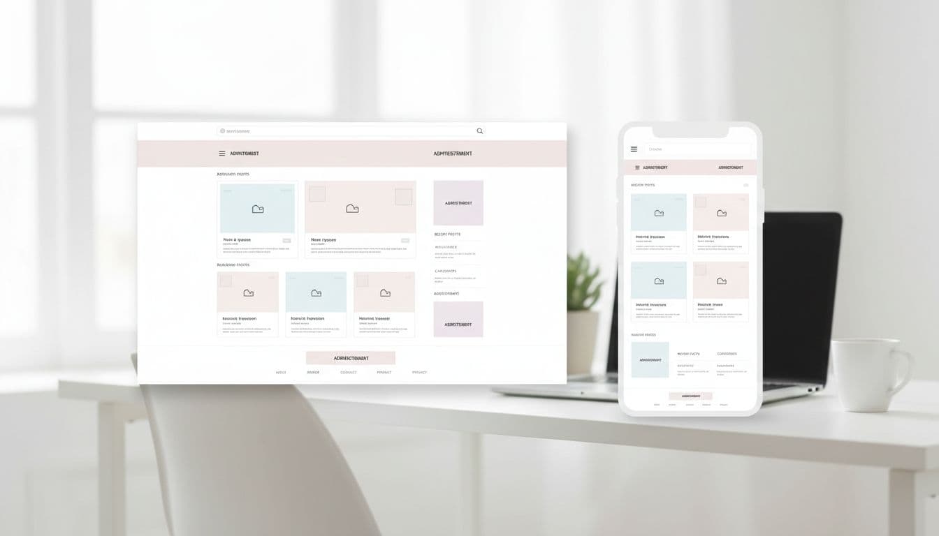 Side-by-side desktop and mobile views of a well-optimized blog page with clean minimalist design and ethically placed ads in header, sidebar, and footer on a bright workspace background.