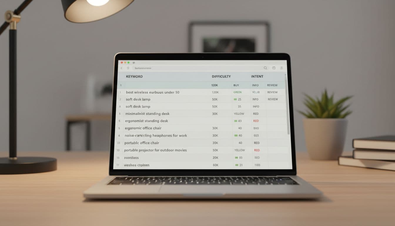 Close-up of a spreadsheet on a laptop screen showing columns for keyword, volume, difficulty, and intent with an organized list of affiliate keywords, in a modern interface under soft desk lamp lighting.