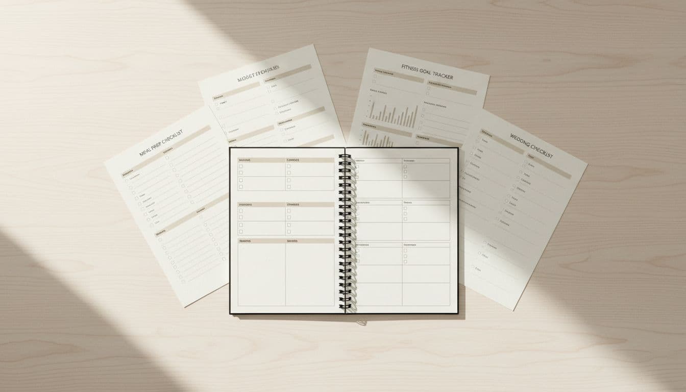 Flat lay on a light wooden desk displaying examples of PDF printables including an open budget planner notebook, meal prep checklist, fitness goal tracker, resume template, and wedding planning checklist, arranged neatly in a semi-circle with bright natural window light.