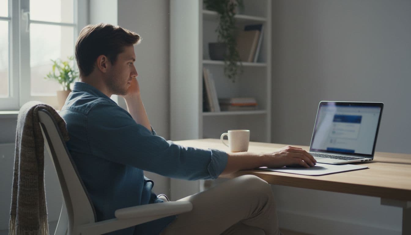 Person at desk in simple home office browsing Etsy on laptop for digital products, relaxed pose with one hand on mouse, natural daylight, realistic photo style, exactly one person, laptop screen angled away.