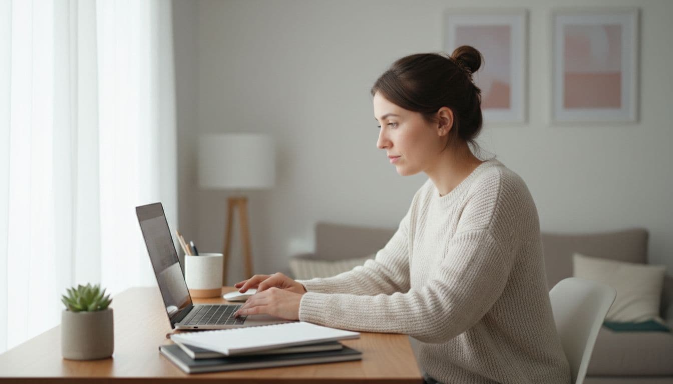 A person creates a digital product like a printable planner on a laptop in a cozy home office with an organized desk, bright natural light, and minimalist style.