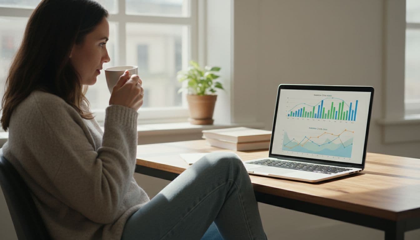 A relaxed person in a simple home office checks an analytics dashboard on a laptop, with graphs displaying clicks and conversions, under natural daylight in realistic style.