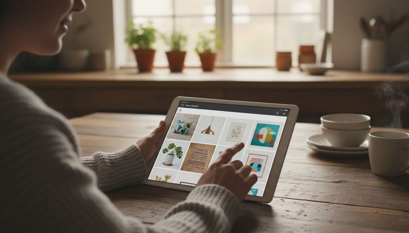 A person in a relaxed pose pins colorful affiliate-style home decor images like lamps and pillows on the Pinterest app using a tablet in a cozy kitchen with warm natural light.
