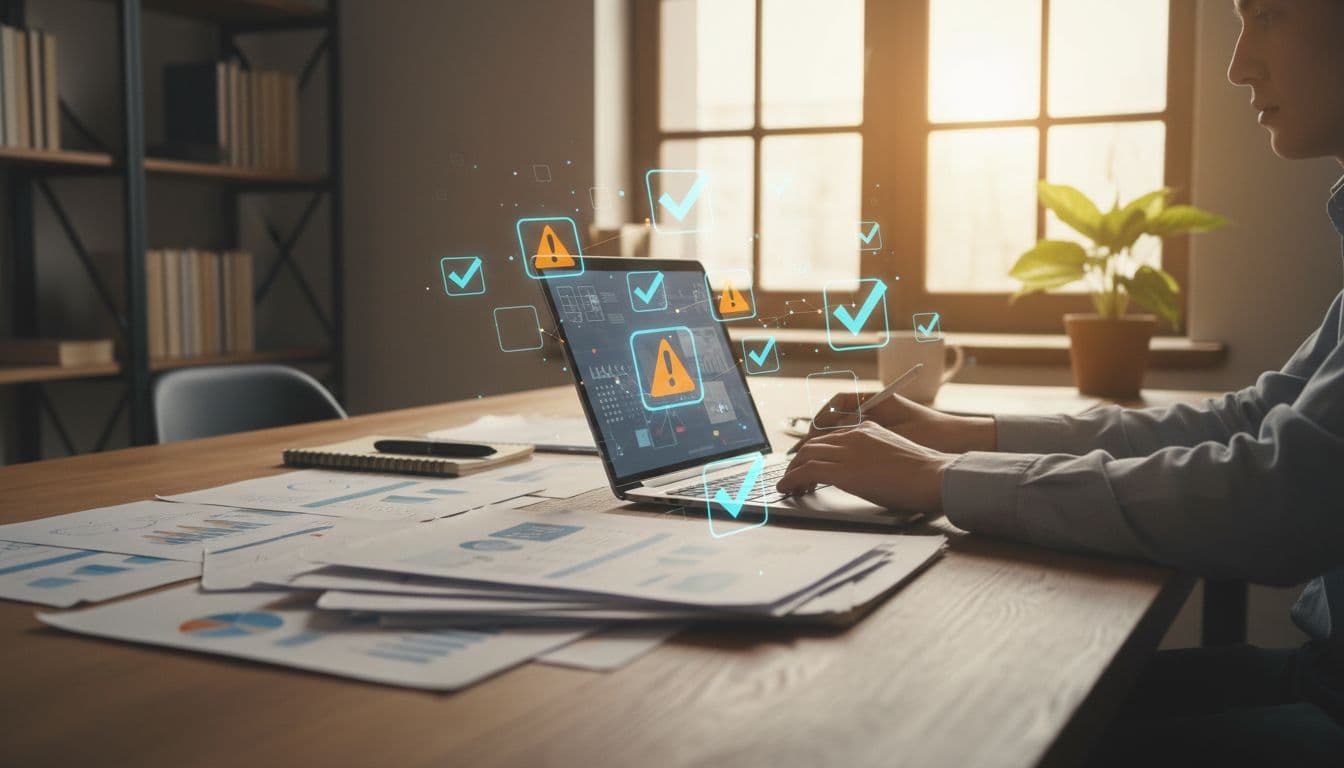 A focused person in an office examines documents and a laptop surrounded by floating checklist icons including checkmarks and warning signs, realistic style with warm lighting.