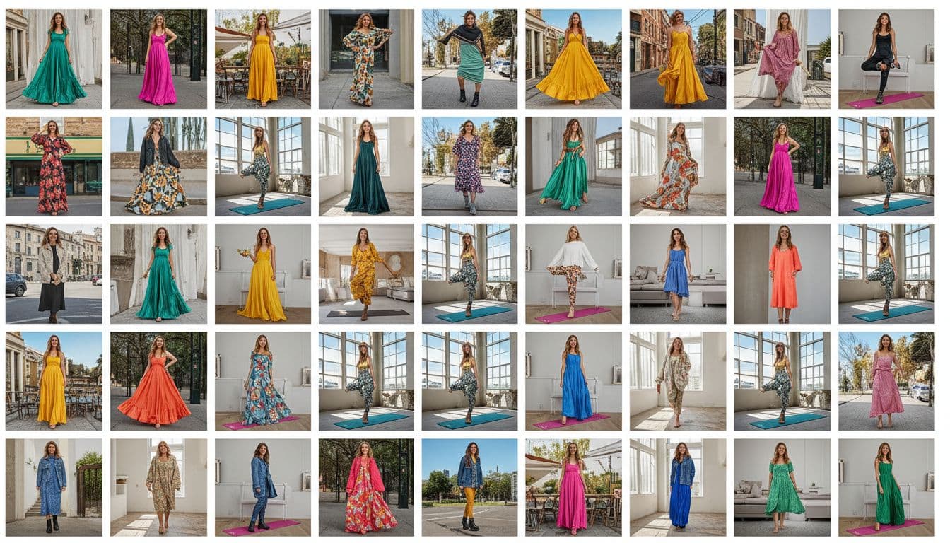 Vibrant grid of Pinterest fashion pins featuring trendy outfits from affiliate programs, with models in colorful dresses, athleisure, and casual looks in lifestyle settings like streets and studios.