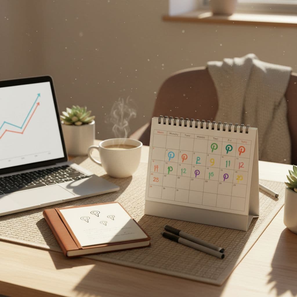 Calendar on a desk marked with weekly Pinterest posting schedule, surrounded by laptop displaying rising analytics graph, notebook with pin ideas, coffee cup, in a cozy workspace with warm afternoon light, realistic photo style, square composition.