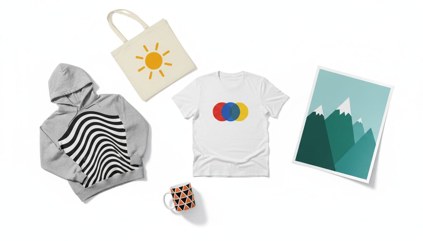 Top-down view of five popular print-on-demand products: t-shirt, hoodie, mug, tote bag, and poster with simple bold designs on a clean white background, bright even lighting, product photography style, no people, text, or labels.