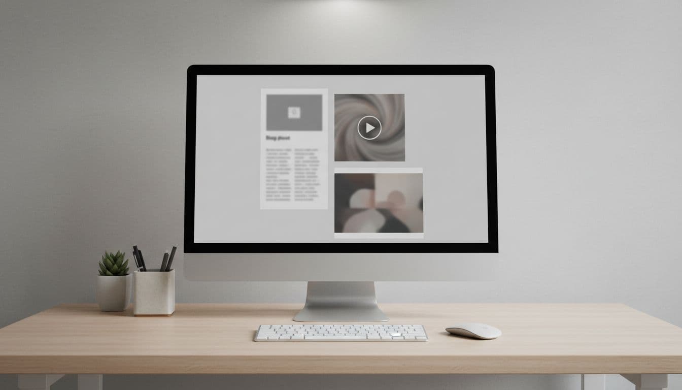 A realistic photo of a single computer screen displaying blurred portfolio samples like blog post mockups, video thumbnails, and social media graphics on a clean desk with mouse and keyboard. Professional setup in landscape composition with even lighting, no people, watermarks, or readable text.