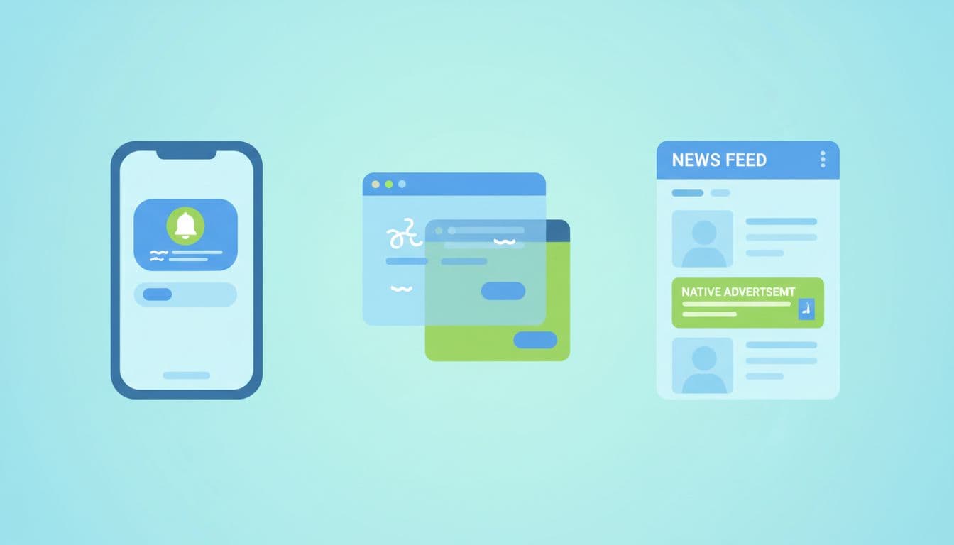 Split screen illustration comparing push notification on smartphone (left), pop-under ad (middle), and native ad in news feed (right), in modern flat digital style with vibrant blues and greens, landscape orientation, no text, people, or logos.