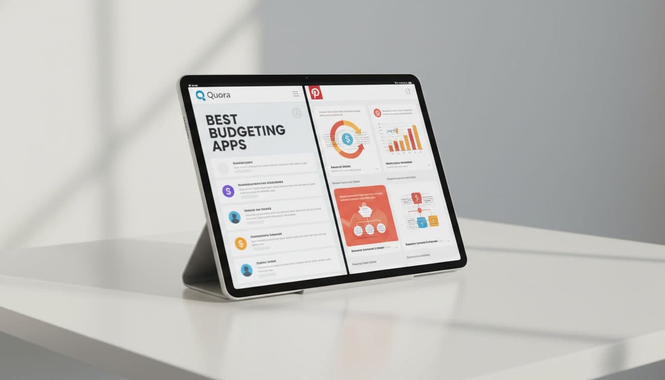 Split scene on a tablet screen showing a Quora answer page with a budgeting apps question alongside a Pinterest pin board featuring finance infographics, modern device on a desk with neutral lighting, clean composition with no text or people.