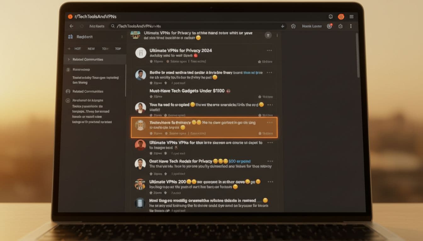 Vibrant screenshot of a Reddit subreddit focused on tech tools and VPN recommendations, featuring active comment threads with helpful advice on a modern clean laptop interface in warm evening light.