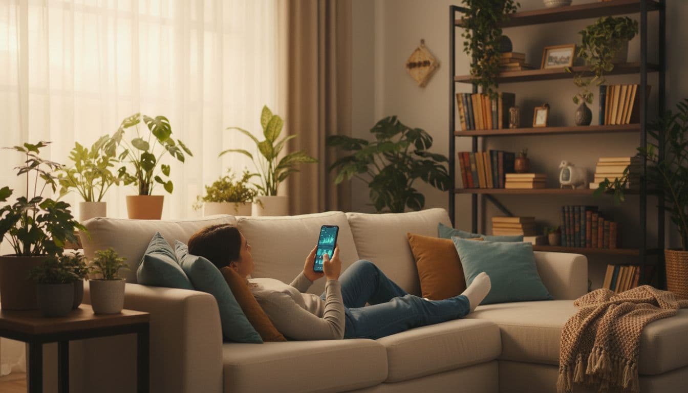 A person relaxes on a comfortable home couch, checking their investment portfolio via a smartphone app in a cozy living room with plants and bookshelves. Soft evening light creates a peaceful vibe in this photorealistic scene.