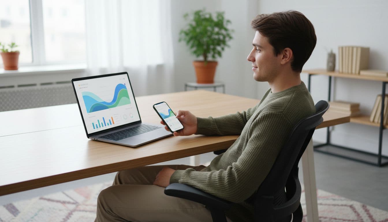 A single person in a modern remote workspace reviews YouTube growth charts on a laptop dashboard with a smartphone nearby, capturing relaxed passive earnings monitoring in natural indoor light.