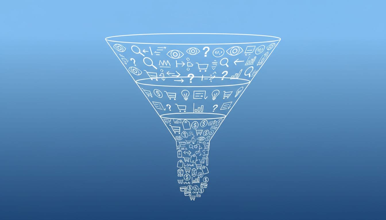 Infographic illustration of a narrowing sales funnel, from top-wide broad traffic icons like eyeballs and questions, to bottom-narrow buyer intent icons like shopping carts, product comparisons, and dollar signs, in clean style with blue gradient background.