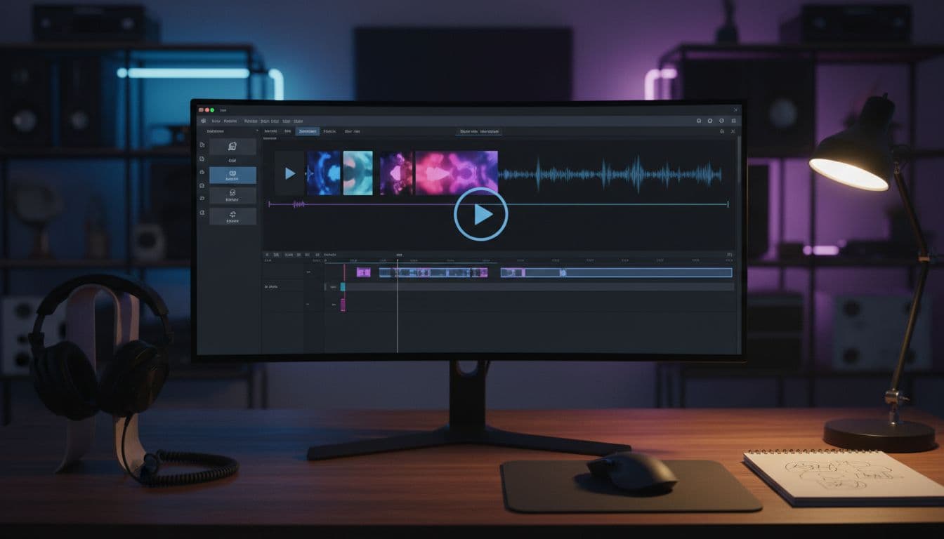 Photorealistic creative studio desk in landscape view with one monitor showing implied short-form video editing timeline in dark mode, headphones, mouse, focused desk lamp lighting, no people, no detailed screen text, no watermarks.