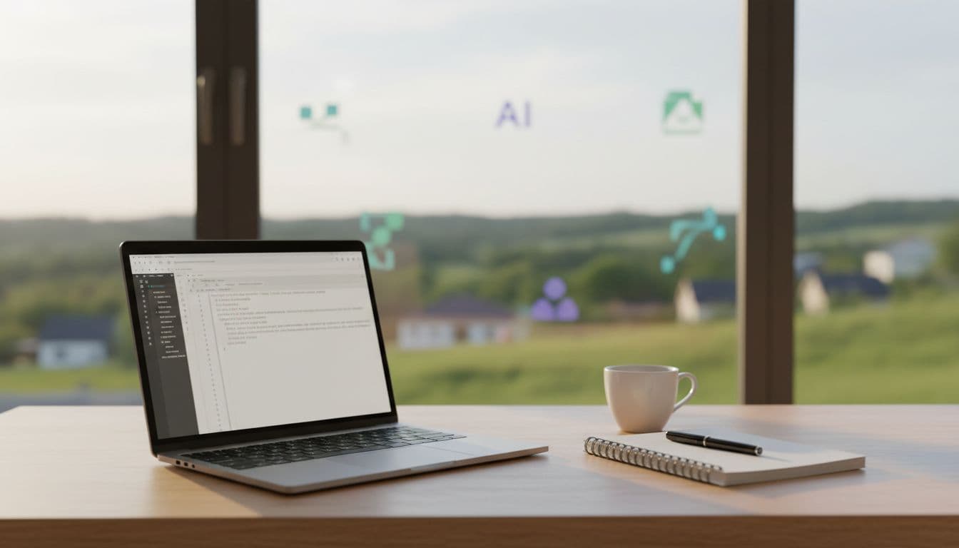 A minimalist home office desk setup with an open laptop on a text editor, subtle blurred AI tool icons in the background, notepad with pen, and coffee cup under soft afternoon window lighting. Wide-angle realistic photography view with no people, readable text, or watermarks.