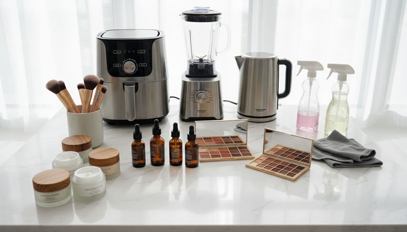 Overhead view of skincare jars, creams, serums, makeup brushes, palettes, kitchen gadgets like air fryer and blender, and cleaning spray bottles neatly arranged on a white marble countertop in a bright kitchen. Clean vibrant lighting captures high-end lifestyle product photo style with no people, text, or brand names.