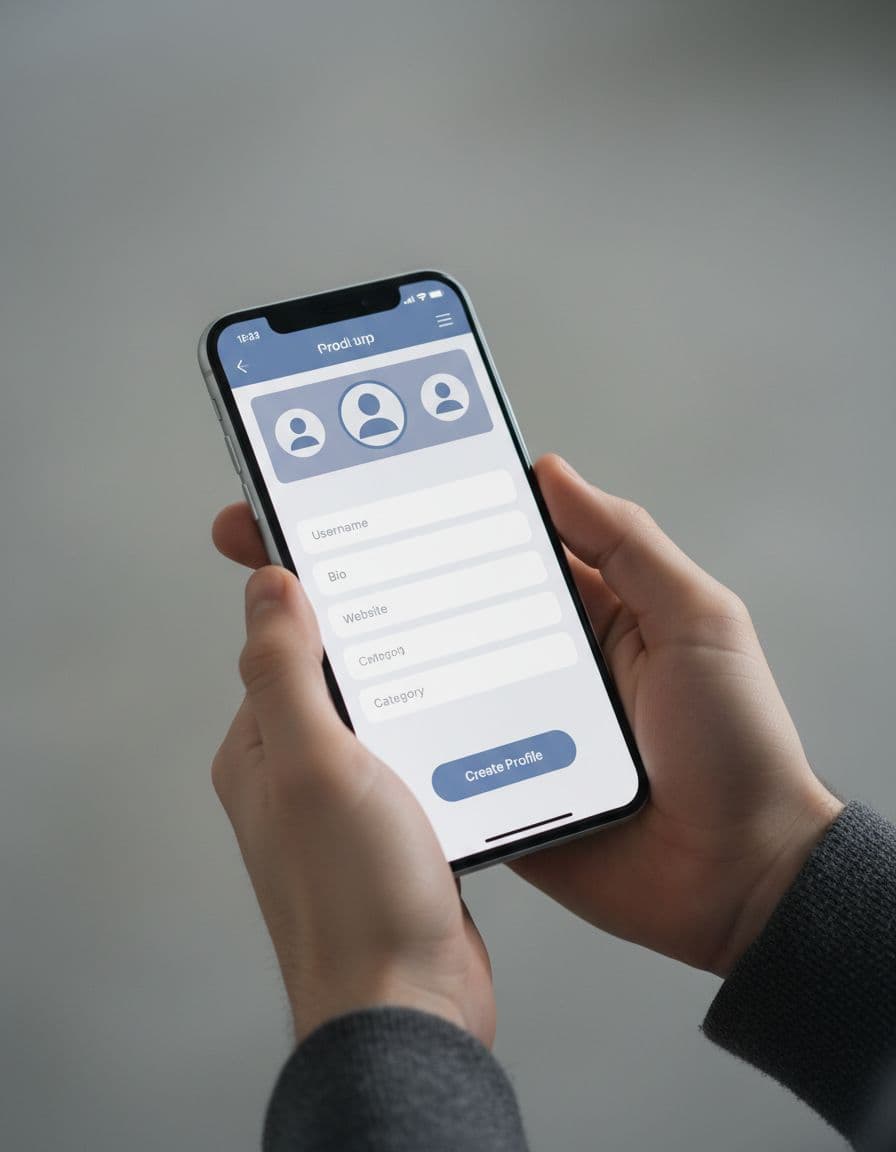 Smartphone screen displaying social media profile setup for affiliate niche account, held relaxed in two hands against neutral background with clean modern style and soft lighting. No readable text or prominent logos, illustrating trustworthy profile creation on free platform.