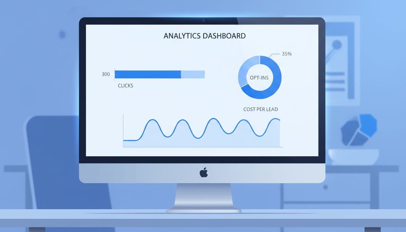 Modern computer screen displaying analytics dashboard with solo ad metrics: clicks bar chart, opt-ins pie chart, and cost per lead line graph in flat design with cool blue tones.