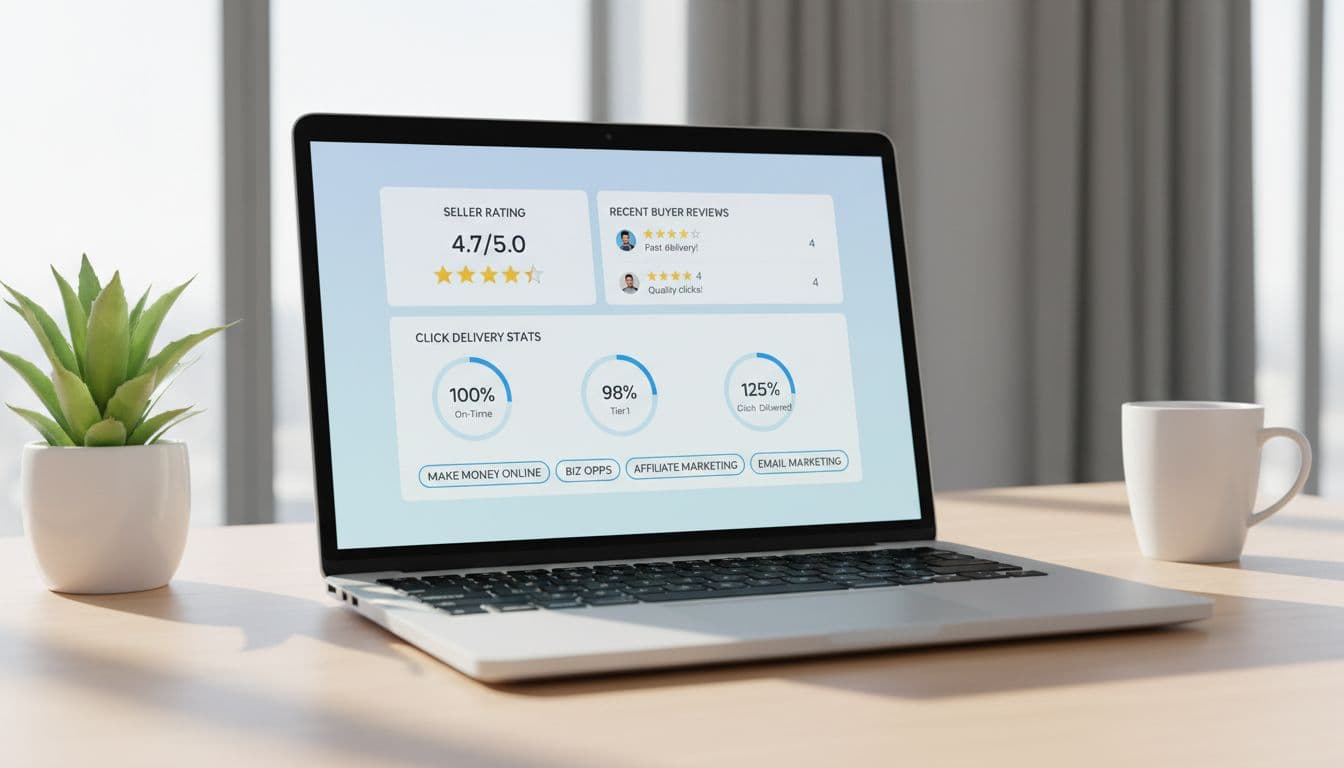 Clean laptop screen in a modern office displaying solo ad seller dashboard with high ratings, buyer reviews, click stats, and niche tags like make money online; realistic style, bright lighting, focused composition.