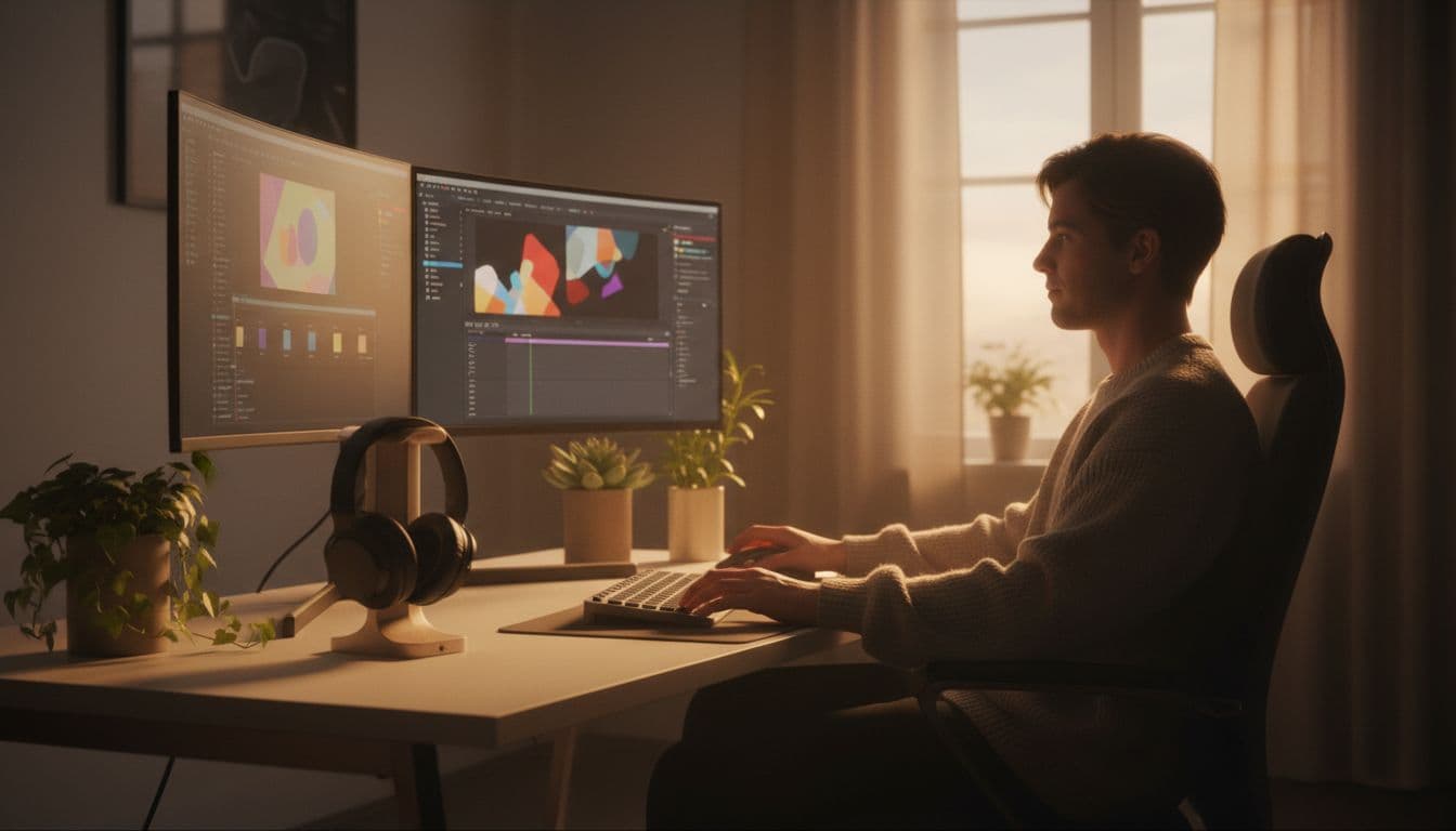 One creative person at a modern home desk with dual monitors in a softly lit room, editing video or graphics with relaxed focus, warm evening light, plants and headphones nearby.
