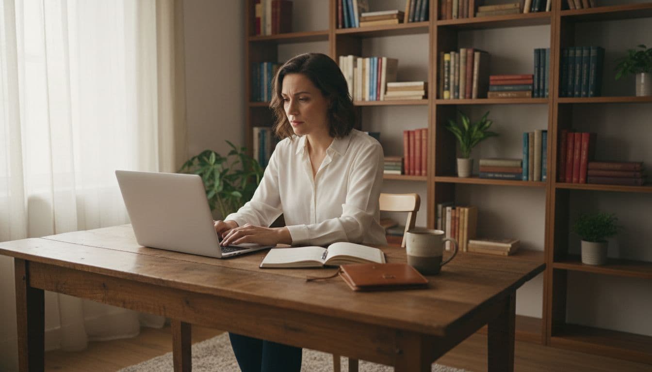 One person sits alone at a cozy wooden home desk in a quiet room, typing intently on a laptop during a focused writing session. Soft natural window light illuminates the scene, with a notebook, coffee mug nearby, and books on the shelf behind in warm photorealistic tones.