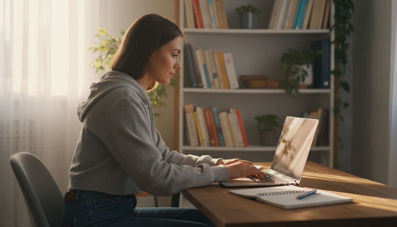 A young professional freelancer types on a laptop at home office setup, with notebook and pen nearby, bookshelf background, and soft afternoon light creating a productive vibe.