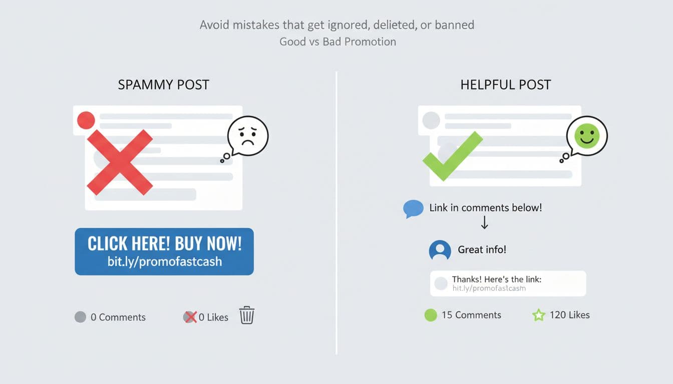Split-screen illustration comparing a spammy post with a direct link being ignored on the left to a helpful post gaining engagement with a link in comments on the right, using simple icons, minimal text, neutral background, and flat design.
