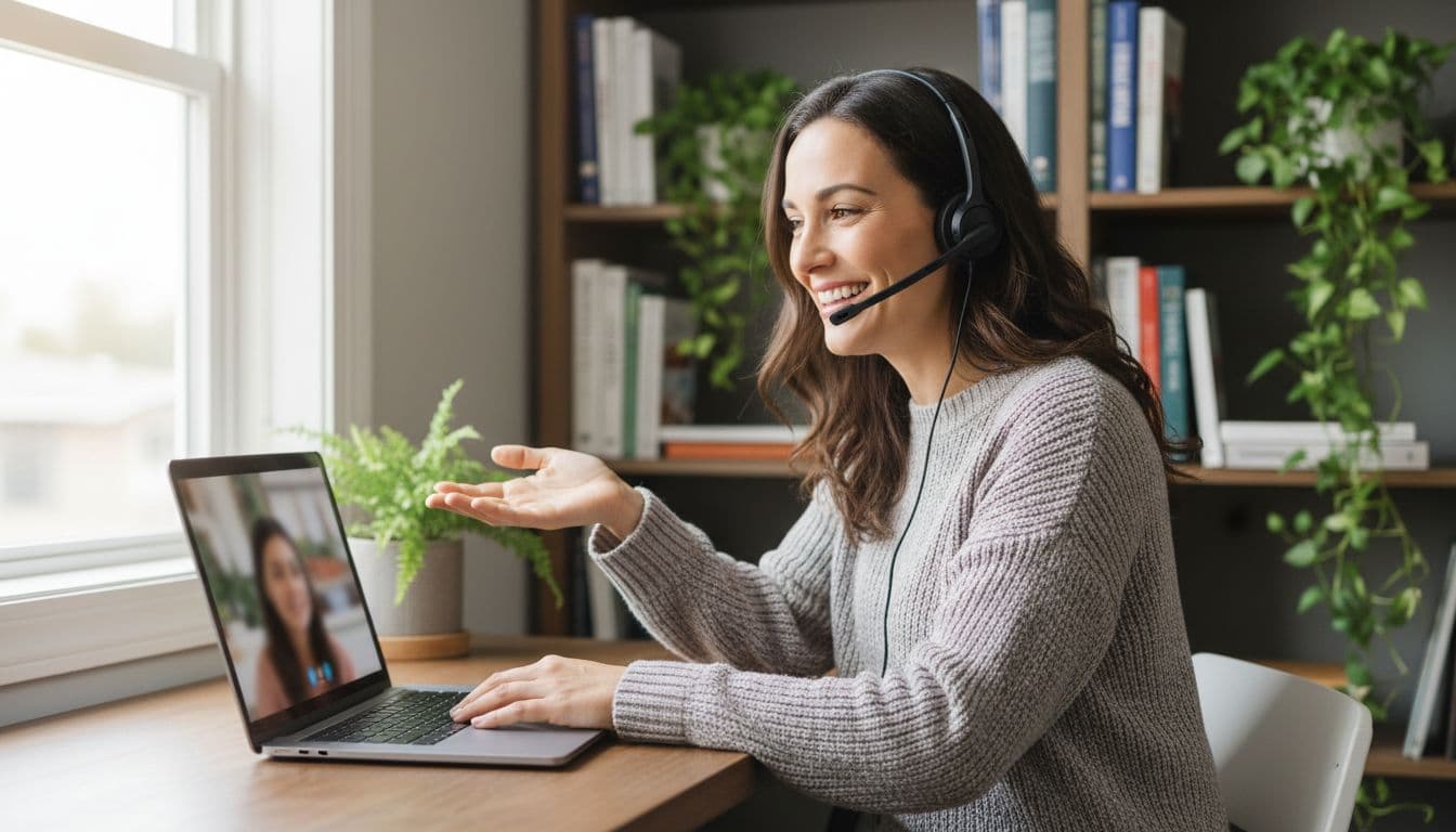 A stay-at-home parent conducts an online video lesson on a laptop from a quiet home corner with books and plants, smiling and gesturing naturally while wearing a headset.