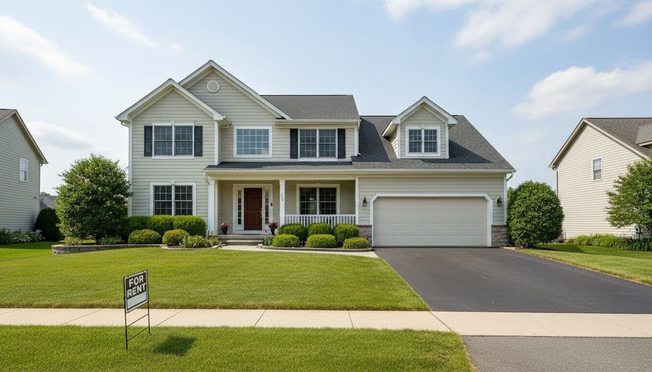 Suburban home exterior showing an empty driveway parking spot with a 'for rent' sign, green lawn, clear day, wide composition including house front, realistic photo style, no people, no cars.