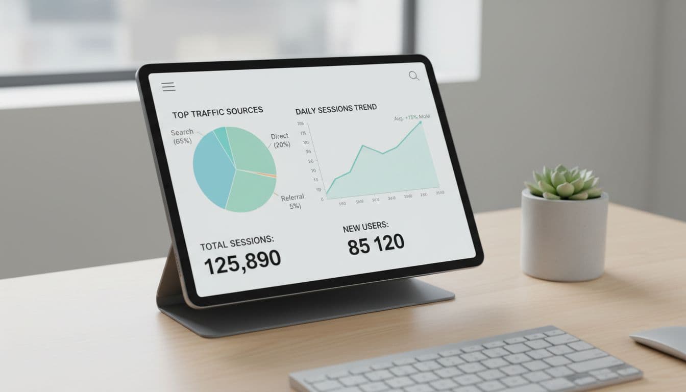 Photorealistic simple analytics dashboard on a tablet screen highlighting top traffic sources pie chart and trend line graph in a modern minimal desk setup with soft overhead lighting.