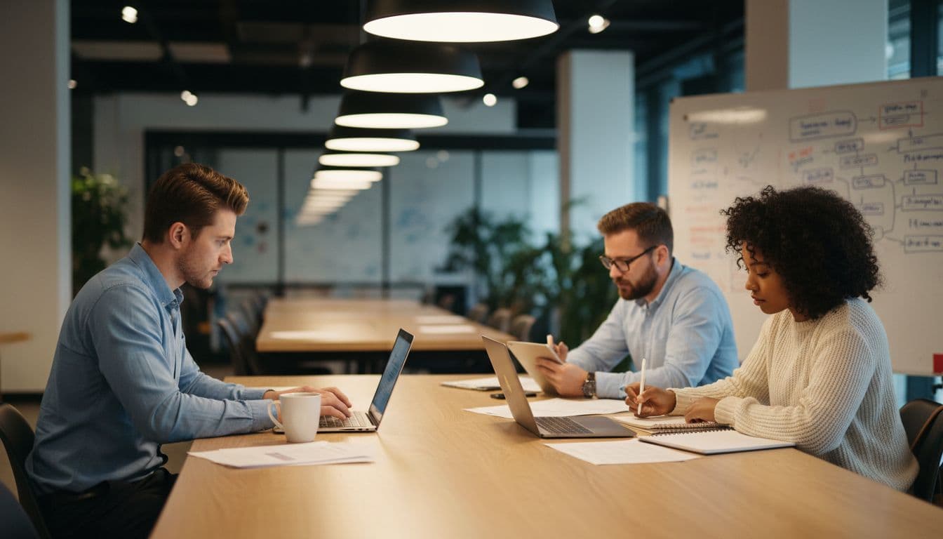 Diverse group of three professionals at modern co-working tables with laptops and notes, collaborating loosely while focused individually under warm lighting.