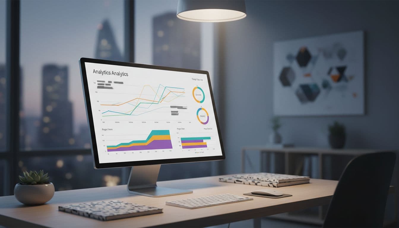 Analytics dashboard on a computer screen showing website traffic graphs, positioned on a simple office desk with soft overhead lighting in modern infographic style. Screen angled with charts, no readable text, numbers, people, or logos.
