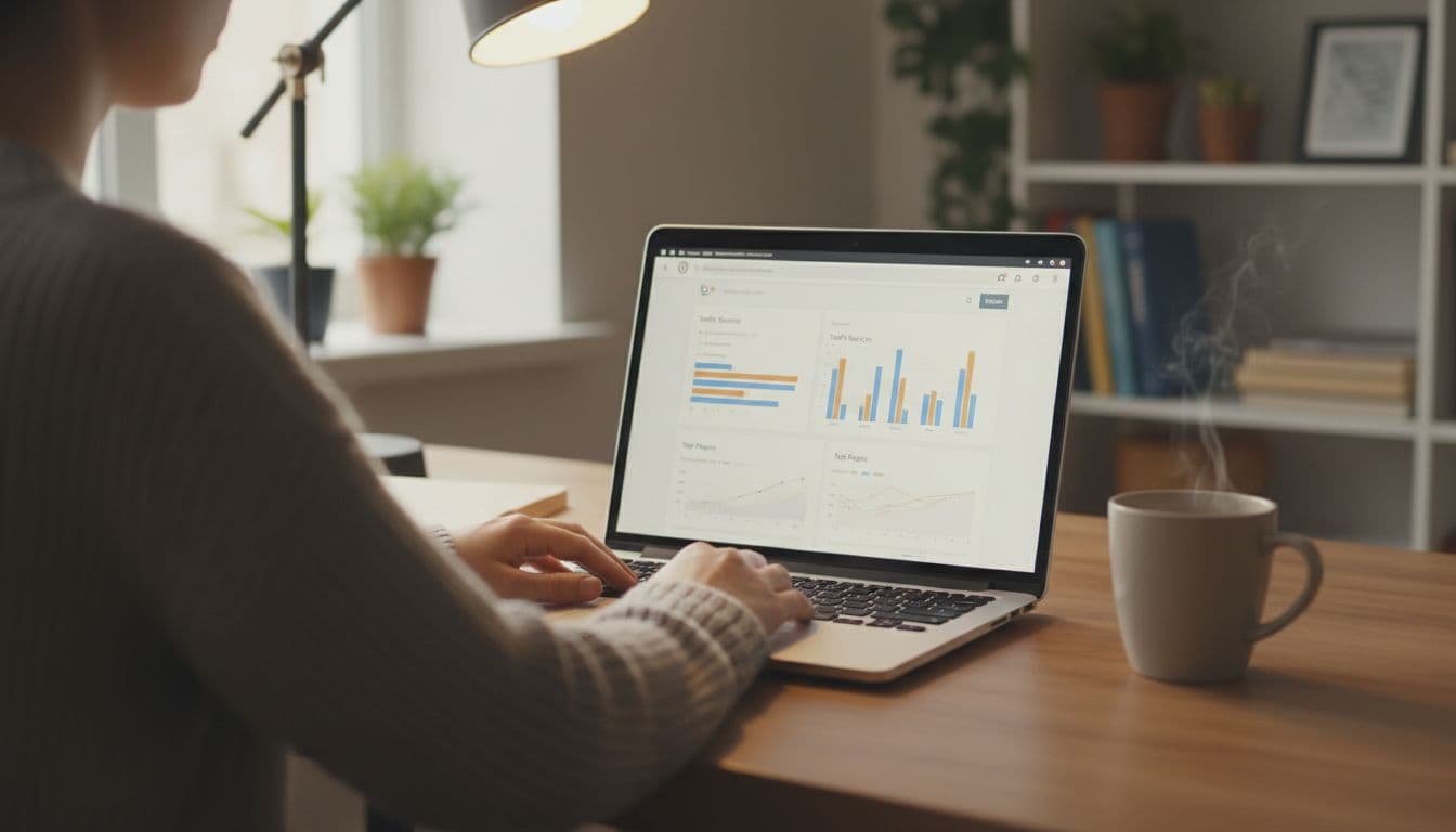 A person in a cozy home office views a blurred Google Analytics report in the WordPress dashboard on a laptop, showing charts for traffic sources and top pages, with a coffee mug and warm lighting.