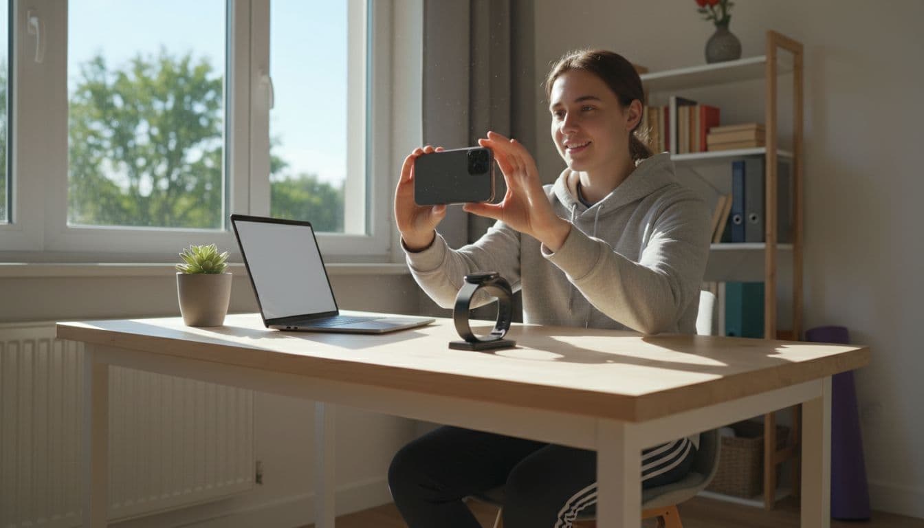 A young adult in casual clothes enthusiastically films a short product review video using a smartphone in a sunny home office, with a fitness gadget on the desk and natural lighting.