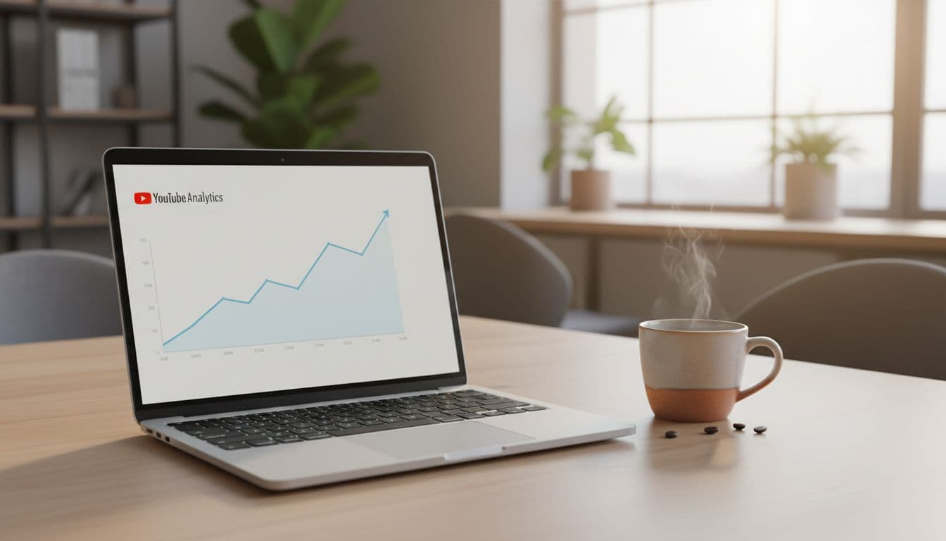 Top-down realistic photo of a single laptop screen angled to show YouTube analytics dashboard featuring a rising views graph, coffee mug nearby on a modern office desk, soft warm lighting, no people or extra screens.