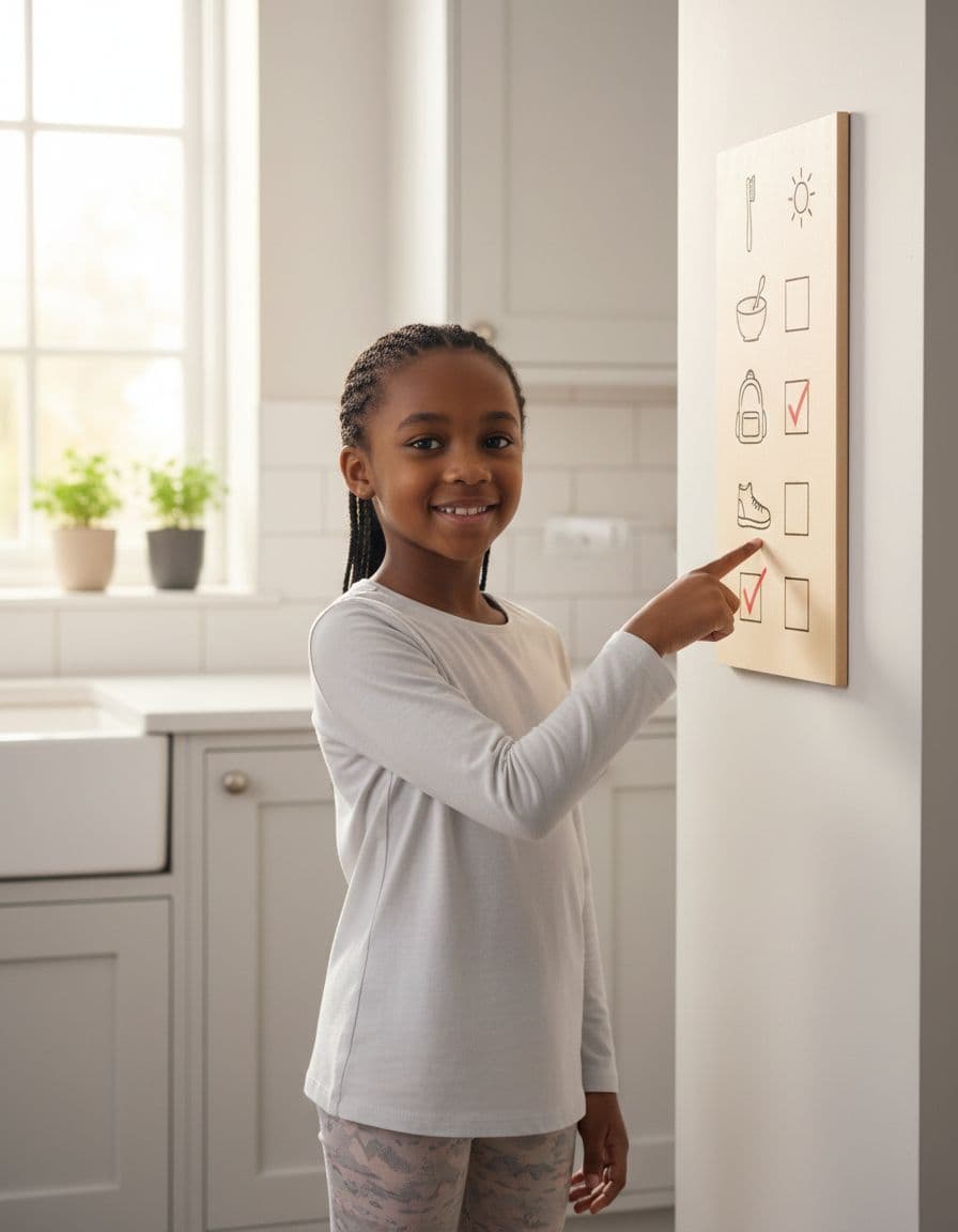 A 9-year-old ethnically diverse Black British girl stands calmly in a bright modern suburban kitchen, pointing happily at a checked item on her wall-mounted visual morning routine chart with simple icons. Soft morning sunlight illuminates the optimistic scene.