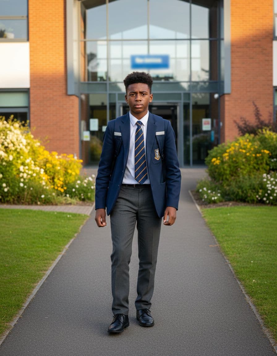 A Black British teen boy stands outside a modern school in a British suburb, looking nervous but optimistic as he takes a step forward with his backpack, in bright daylight with visible skin details.