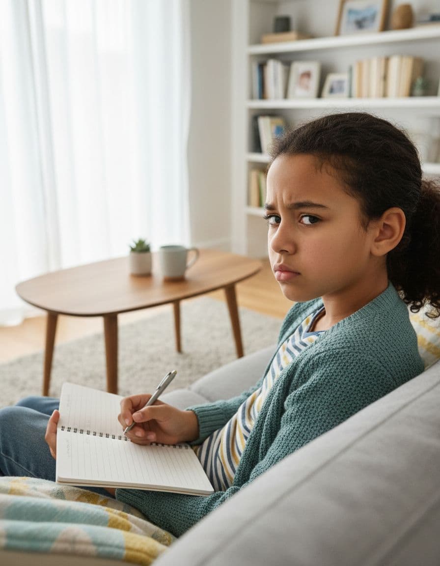 A diverse 9-year-old British girl with an anxious yet thoughtful expression sits on a sofa in a bright modern British living room, holding a notebook as she practices a CBT technique for anxiety. Optimistic lighting enhances the hopeful atmosphere in the detailed HD photo.