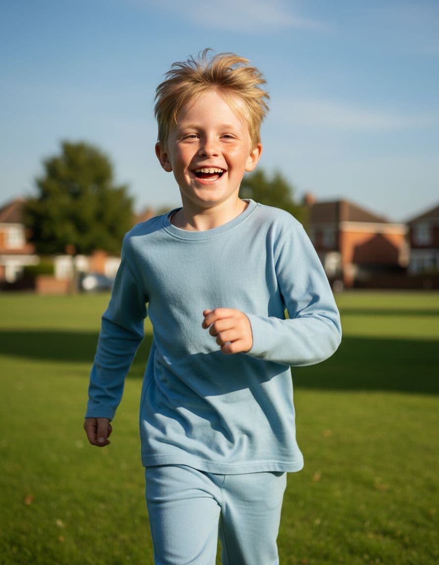 HD photo of a 10-year-old white British boy smiling happily while playing in a British suburb park, wearing comfortable soft seamless clothes under natural daylight.